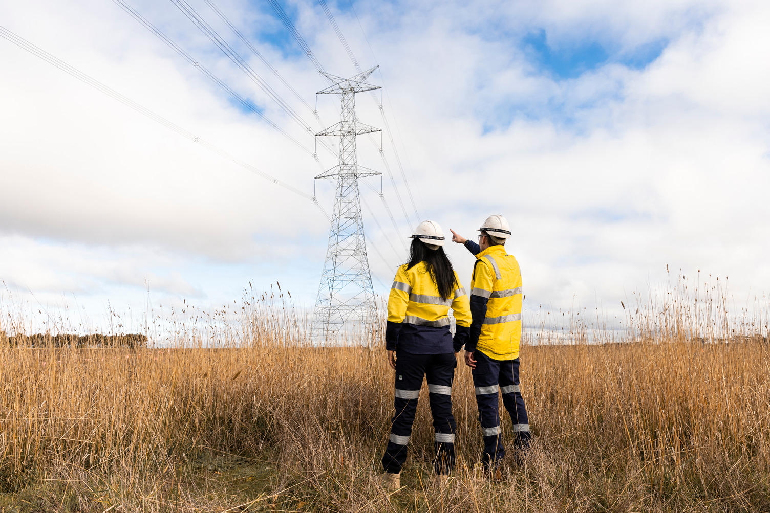 Two workers in high vis looking at transmission towers