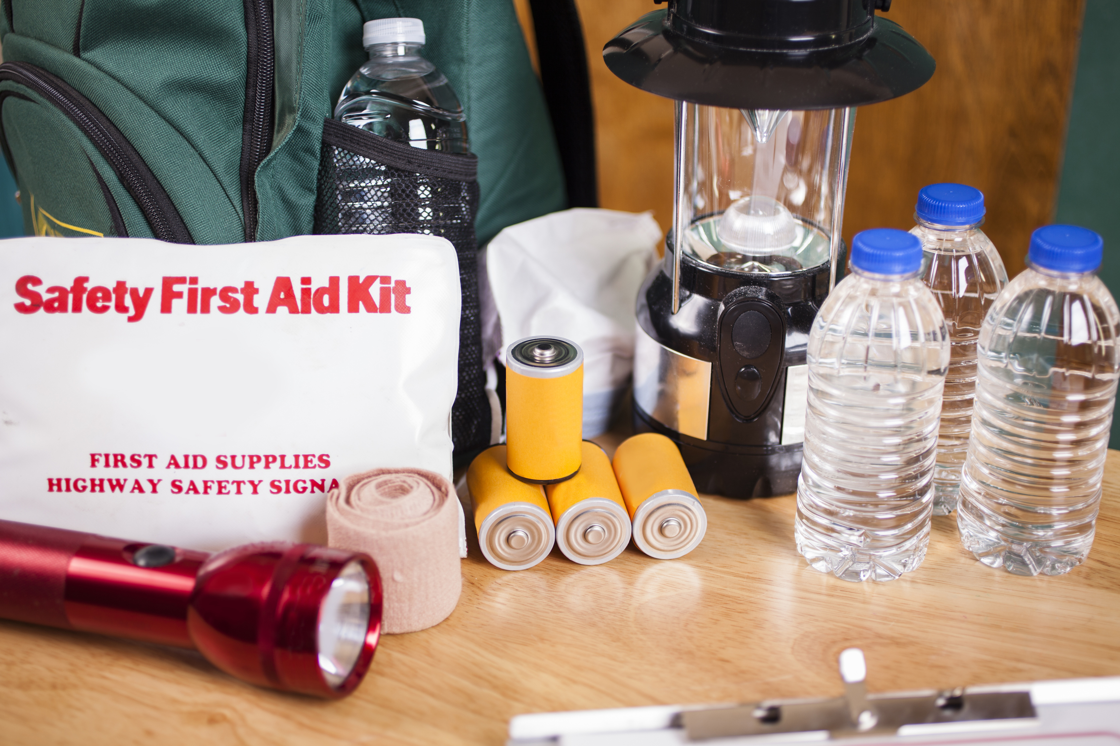 Power outage preparation equipment: torches, batteries, waterbottles, first aid kit